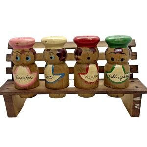 Vintage Hand Made 4pc Wooden Spice People With Bench Holder Rare